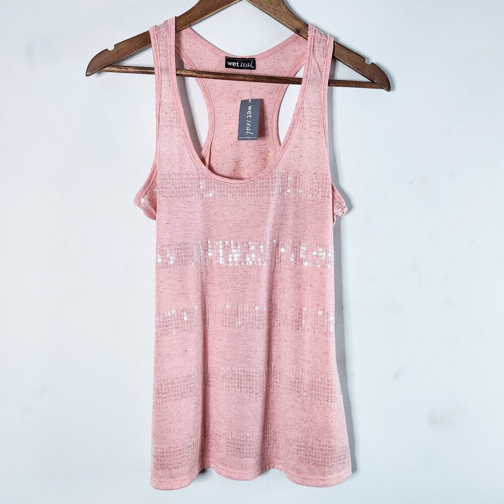 Vintage Wet Seal Pink Sequin Striped Racerback Tank Top Size Large NEW Y2K Retro